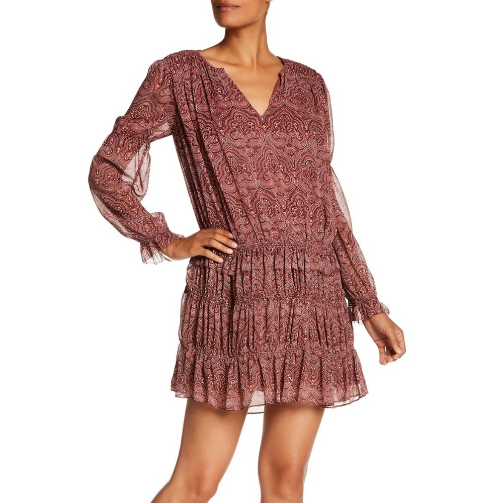 Joie Split-Neck Paisley Chiffon Dress